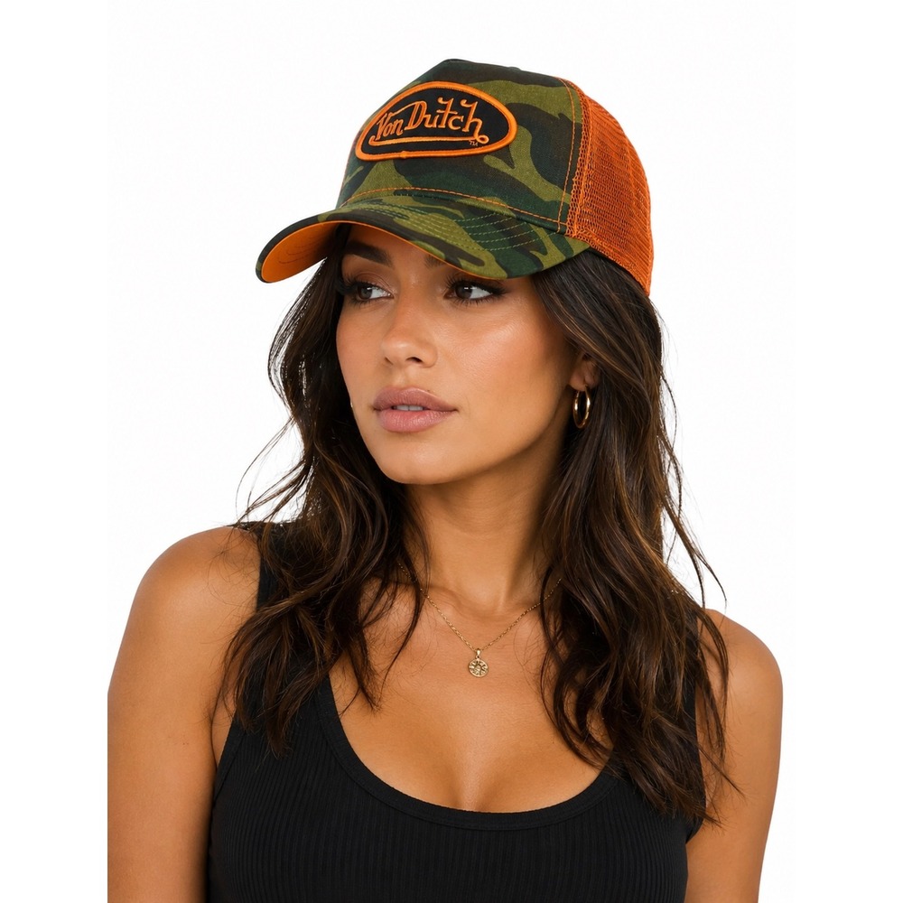 NWT Von Dutch Hat Green Camo orange Embroidered Trucker Mesh Snapback Cap - Picture 6 of 6
